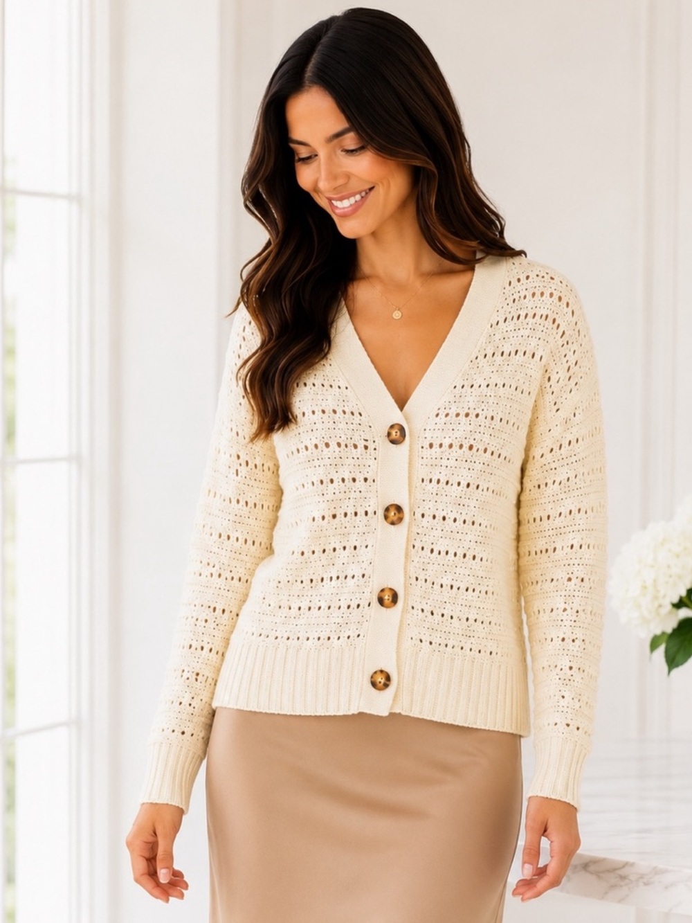 Sonoma Cozy Cream Knit V-Neck Button Cardigan NWT S